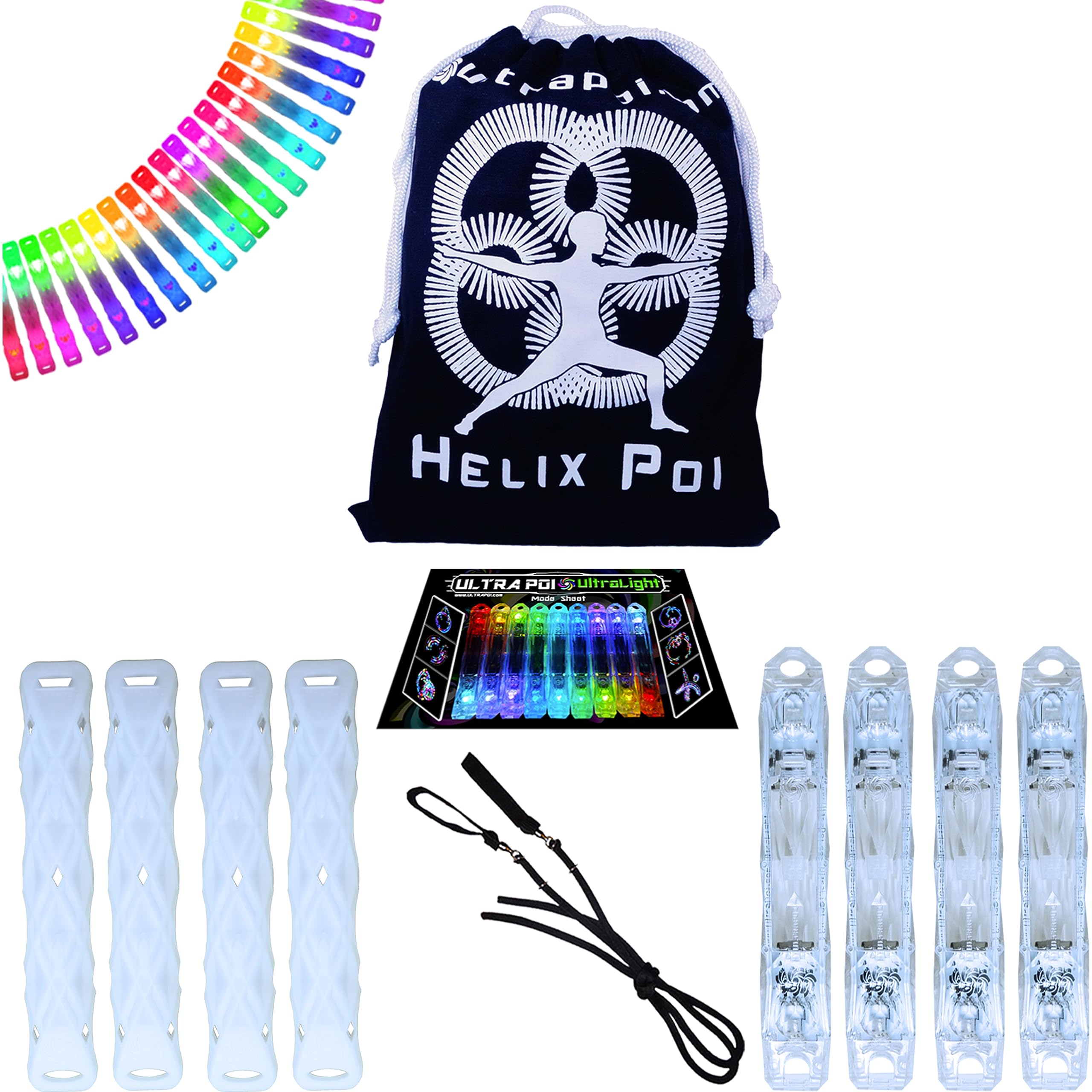 UltraPoi HelixPoi Set – LED Visual Poi with 70+ Color Modes – Spinning Light LED Poi w/LED Glowstick Handles, Soft Cases & Adjustable Leashes – Ideal Flow Arts for Music Festivals, Parties, & Raves