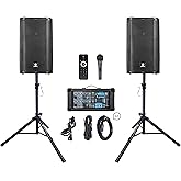 PRORECK DELTA 10 1800W Bluetooth PA Speaker System with 4-Channel Powered Mixer, 2 10-Inch Passive Speakers, Stands, Reverb Effects, and 15V Phantom Power. Perfect for DJs, Bands, Karaoke, Live Events