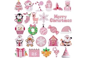 FOGWOWO 25 Pcs Pink Christmas Patches Christmas Iron on Patches Stickers for Clothing Embroidered Applique Sew on Patch Xmas Tree Snowman Snowflake Stick on Patches for Backpacks Hats Bags Christmas DIY Decor