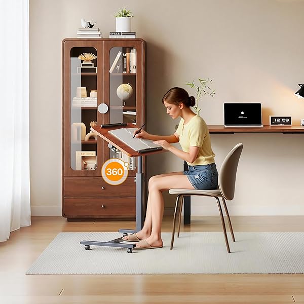 LAPTOP TABLE MOBILE ADJUSTABLE HEIGHT PORTABLE DESK NOTEBOOK SWIVEL PC COMPUTER ROLLING DESK WITH WHEELS, LAPTOP STAND FOR COUCH BEDSIDE HOSPITAL BED TABLE (DARK WALNUT)