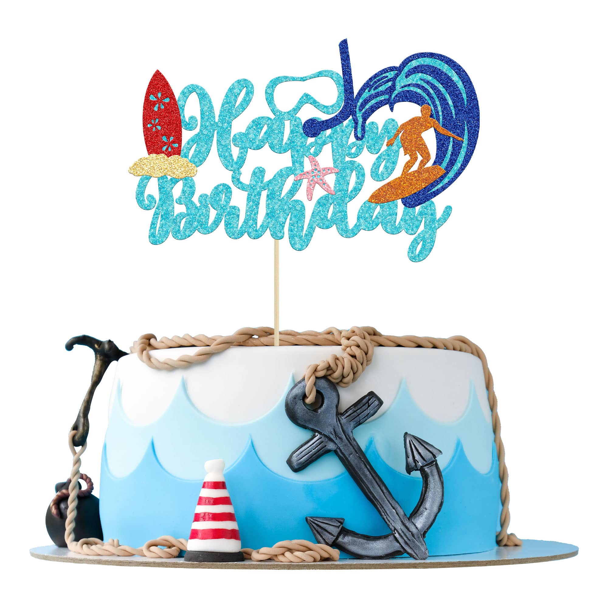 Gyufise 1Pc Summer Happy Birthday Cake Topper Blue Glitter Summer Pool Swimming Surfing Cake Decoration for Summer Holiday Beach Pool Party Decoration Supplies
