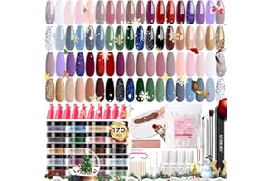 AZUREBEAUTY 170Pcs Dip Powder Nail Kit, 36 Colors Fall Winter Red Glitter Brown Christmas Dipping Powder Starter with Top/Base Coat Activator & Removal Accessories Set for French Manicure Salon