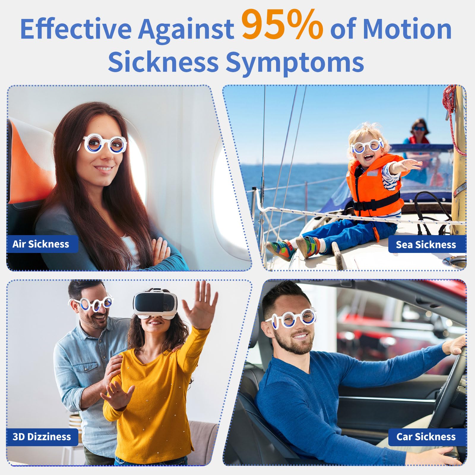 Hion Motion Sickness Glasses, Car Sickness Glasses,Relieve Carsickness Airsickness Seasickness Glasses,Anti Nausea Vertigo Glasses, No Lens Liquid Glasses for Adults or Kids(1Pair Without Bags)