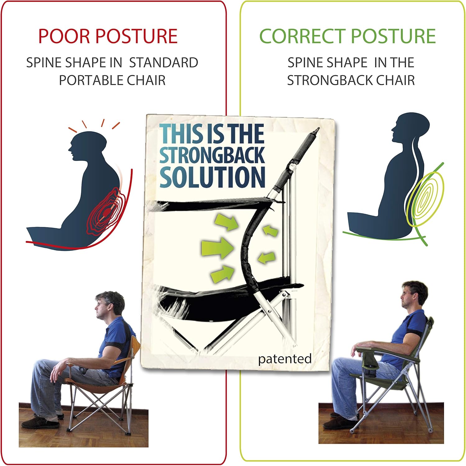 STRONGBACK Patio Chair Folding Lawn Lounge Chair Heavy Duty Outdoor Seat with Lumbar Support, Tan, One Size: Sports & Outdoors