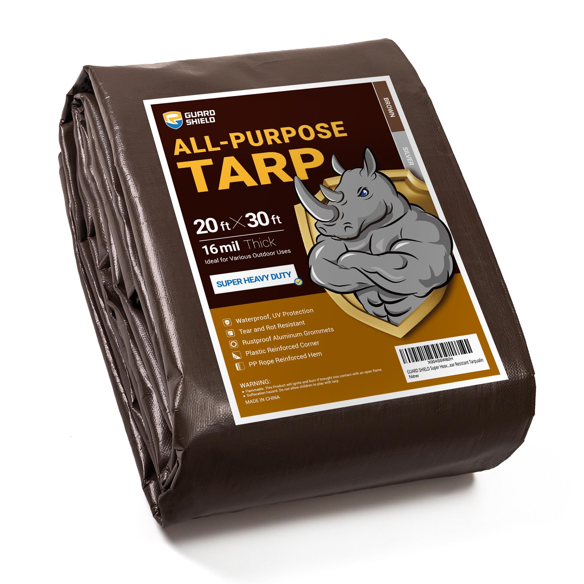 GUARD SHIELD Super Heavy Duty Brown/Silver Ploy Tarp Cover 20x30 Feet Waterproof Tarps 16mil Thick UV and Tear Resistant Tarpualin Image