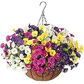 Artificial Faux Hanging Plants Flowers Basket for Spring Summer Outdoors Decoration, Fake Silk Colorful Morning Glory with Eucalyptus Look Real UV Resistant for Outside Porch Patio Balcony Garden Home
