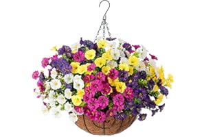 IVYDALE Artificial Faux Hanging Plants Flowers Basket for Spring Summer Outdoors Decoration, Fake Silk Colorful Morning Glory with Eucalyptus Look Real UV Resistant for Outside Porch Patio Balcony Garden Home