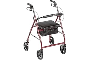 Drive Medical Aluminum Rollator Fold Up and Removable Back Support, Padded Seat with 7.5-Inch Casters, Red