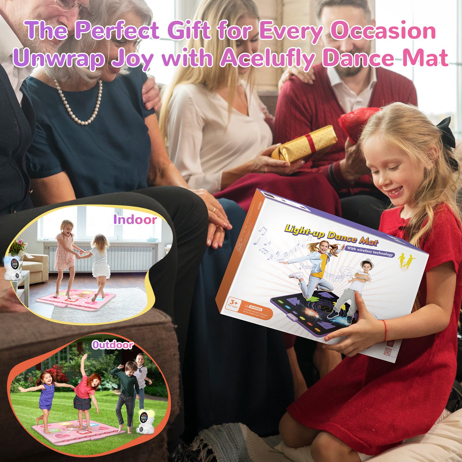 Acelufly Rechargeable Dance Mat Toys for Girls, Light Up Dance Pad with Wireless Bluetooth, Xmas B-Day Gifts for 3 4 5 6 7 8 9 10 11 12 Years Old Kids (Pink)