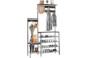 Lynxor Hall Tree with Bench and Shoe Storage, Entryway Coat Rack Shoe Bench with Mat, Freestanding 4-in-1 Coat and Shoe Rack with Wall Rack 9 Hooks Top Shelf for Entrance Foyer Rustic Brown