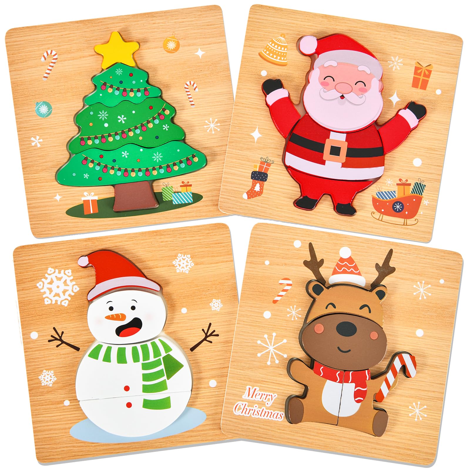 4 Pack Christmas Wooden Puzzles for Kids Toddlers Jigsaw Puzzles Christmas Stocking Stuffers Toys Xmas Party Favors