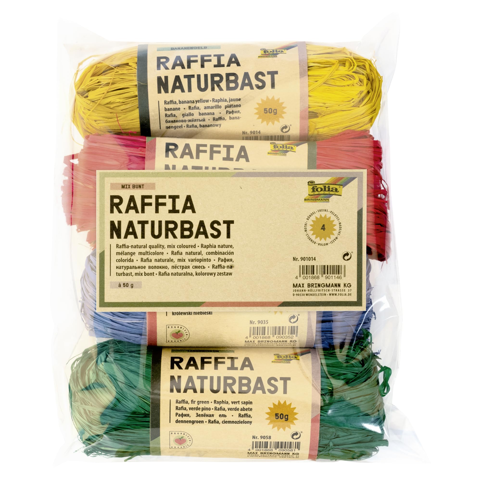 folia 901014 - Raffia Natural Raffia, 4 Bundles Each 50 g, Assorted Colours, Ideal for Crafts or for Arrangements, Bouquets and Other Floristry Work — image 1