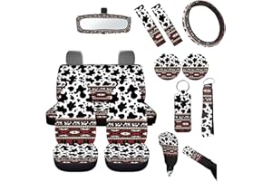 FUIBENG 14 Piece Aztec Cow Car Seat Covers Full Set Cow Car Accessory Neoprene Steering Wheel Cover Seatbelt Pads Keychain Vehicle Mirror Accessory Handbreak Gear Shift Cushion for Women Men
