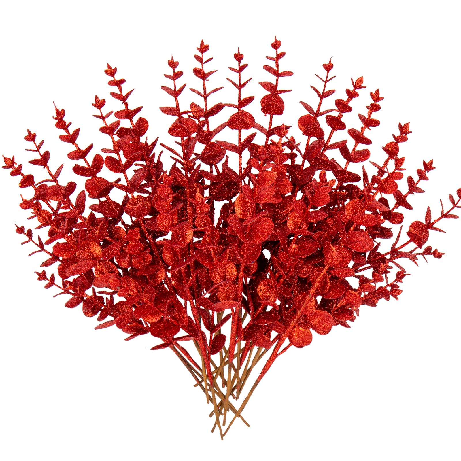 20pcs Christmas Glitter Leaves Artificial Eucalyptus Plant Red Leaf Flower Picks Christmas Tree Decorations Artificial Leaves Stem for Xmas Tree Ornaments New Year Flora Arrangement