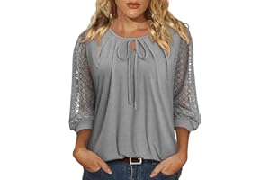 BETTE BOUTIK Womens Lace 3/4 Length Sleeve Tops 2026 Keyhole-Tie Neck Pleated Tunic Blouses Dressy Casual Business Shirts