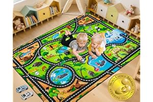 AlphabetAcre Kids Rug, 5' x 7' FT Animal Car Rugs for Kids Toy Cars, Extra Thick (0.4in) - Non-Slip Zoo Road Rug Mat Carpet for Playroom & Bedroom, Educational Learning & Game Area