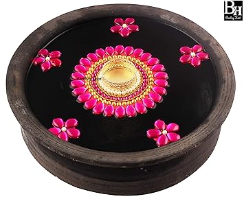 Bombay Haat Handcrafted Floating Tealight Candle Holder/Floating Diya with 5 Pretty Floating Flowers for Home Decor/Christmas Decoration (Hot Pink)