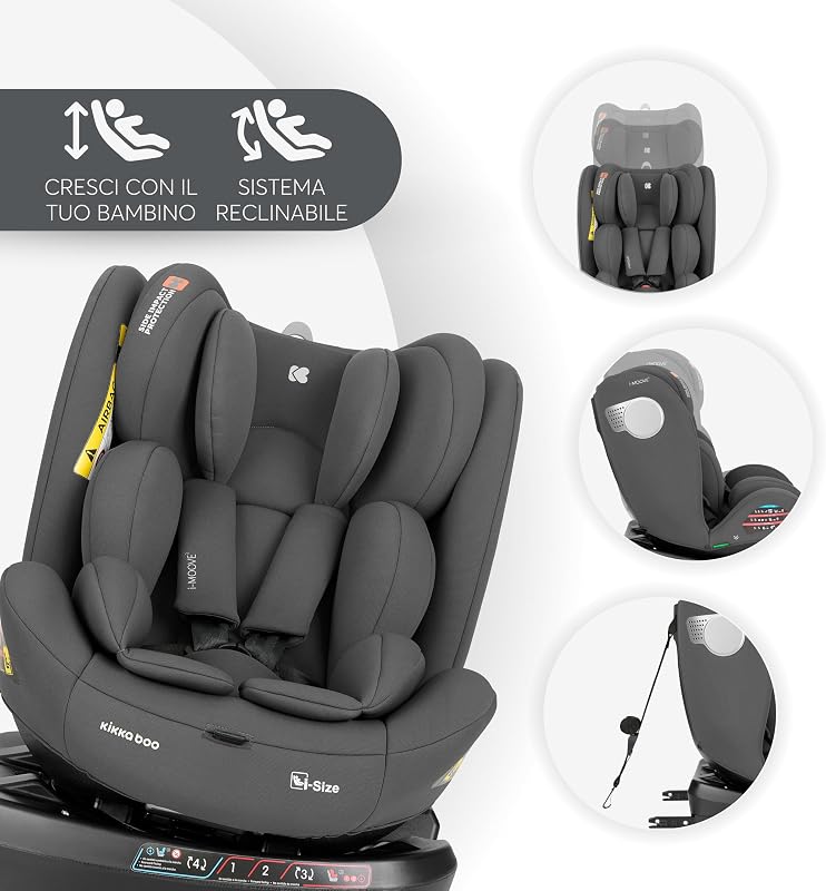 KikkaBoo Seggiolino Auto 0–36 kg ISOFIX i-Size i-MOOVE 2, 40–150 cm, Rotazione 360°, Reclinabile, Poggiatesta Regolabile, Contro e Fronte Marcia, Nero