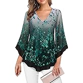 Lotusmile Womens Dressy Blouse Double Layers Mesh Shirt Ruffle 3/4 Flared Sleeve Tunic Tops