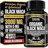Organic Black Maca for Men DHE 3000mg (Industry Strongest) with Bioperine per Capsule - Organic Gelatinized Maca for Women an