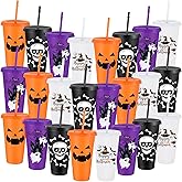 Umigy 24 Pcs Halloween Plastic Cups with Lids and Straws 4 Styles Pumpkin Ghost Skull Bat Tumblers Reusable Halloween Party Cups for Kids Adults Birthday Party Favors Supplies