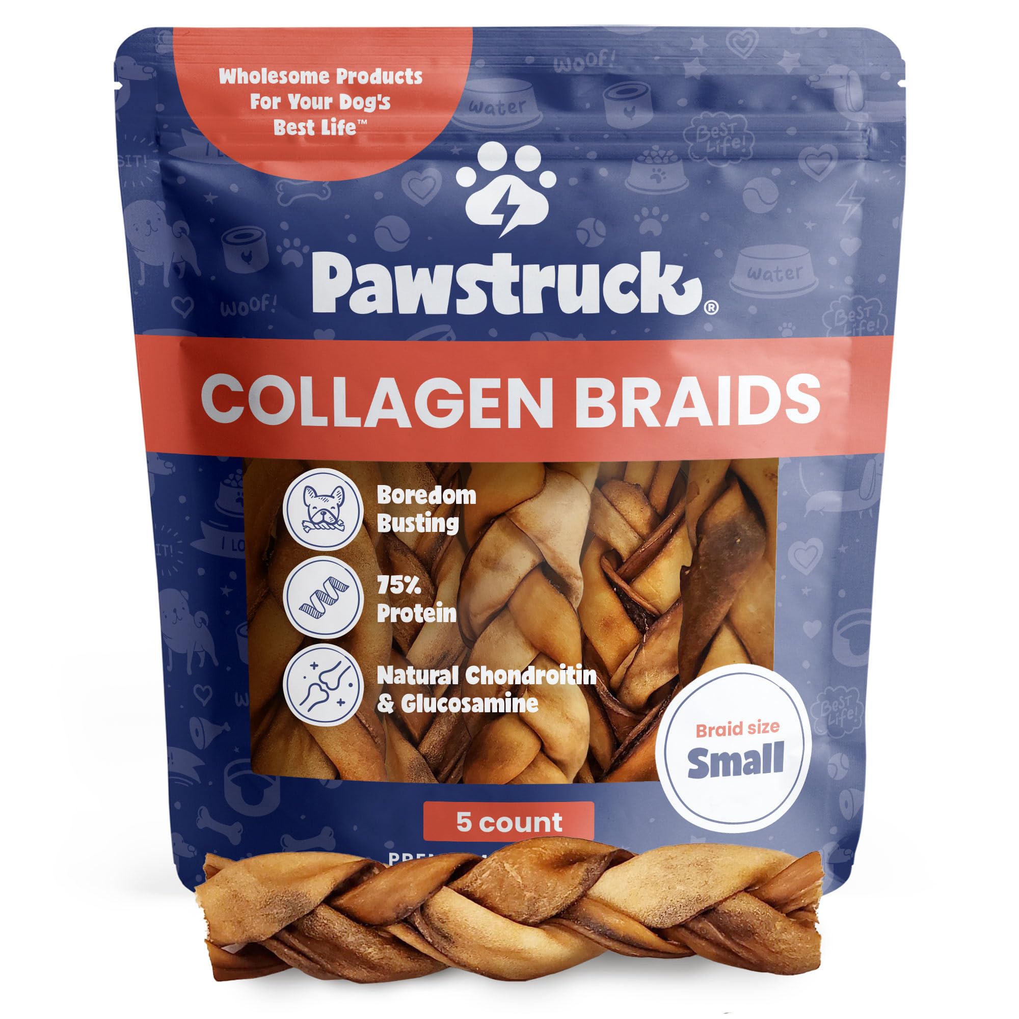 Photo 1 of Pawstruck Natural 5-7” Beef Collagen Braids for Dogs – Long-Lasting Rawhide & Bully Stick Alternative, with Chondroitin & Glucosamine – 5 Pack