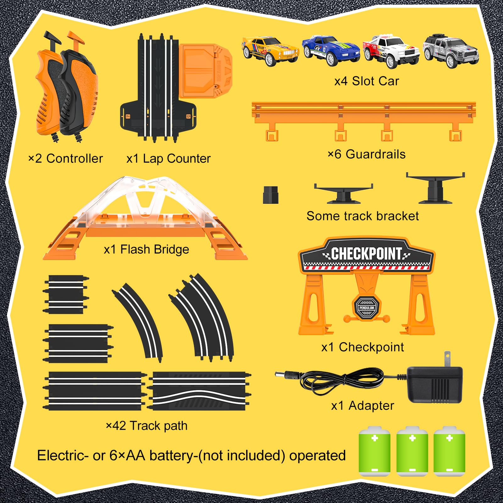 Slot Car Race Track Sets with 4 Slot Cars, Electric Race Car Track Include Slope Circular Overpass Track, Dual Racing Game Featuring Flash Bridge and Pendulum, Gifts Toys for Boys Kids Age 6 7 8-12