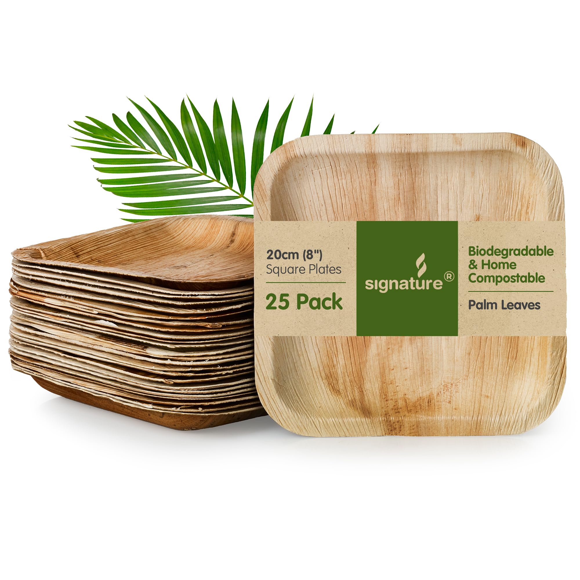 Signature Packaging Disposable Palm Leaf Plates, Sturdy Eco-Friendly Biodegradable Compostable Plates for Hot Food, Weddings, Picnics, Parties and Outdoor Events - 8", (25 Pack) Square