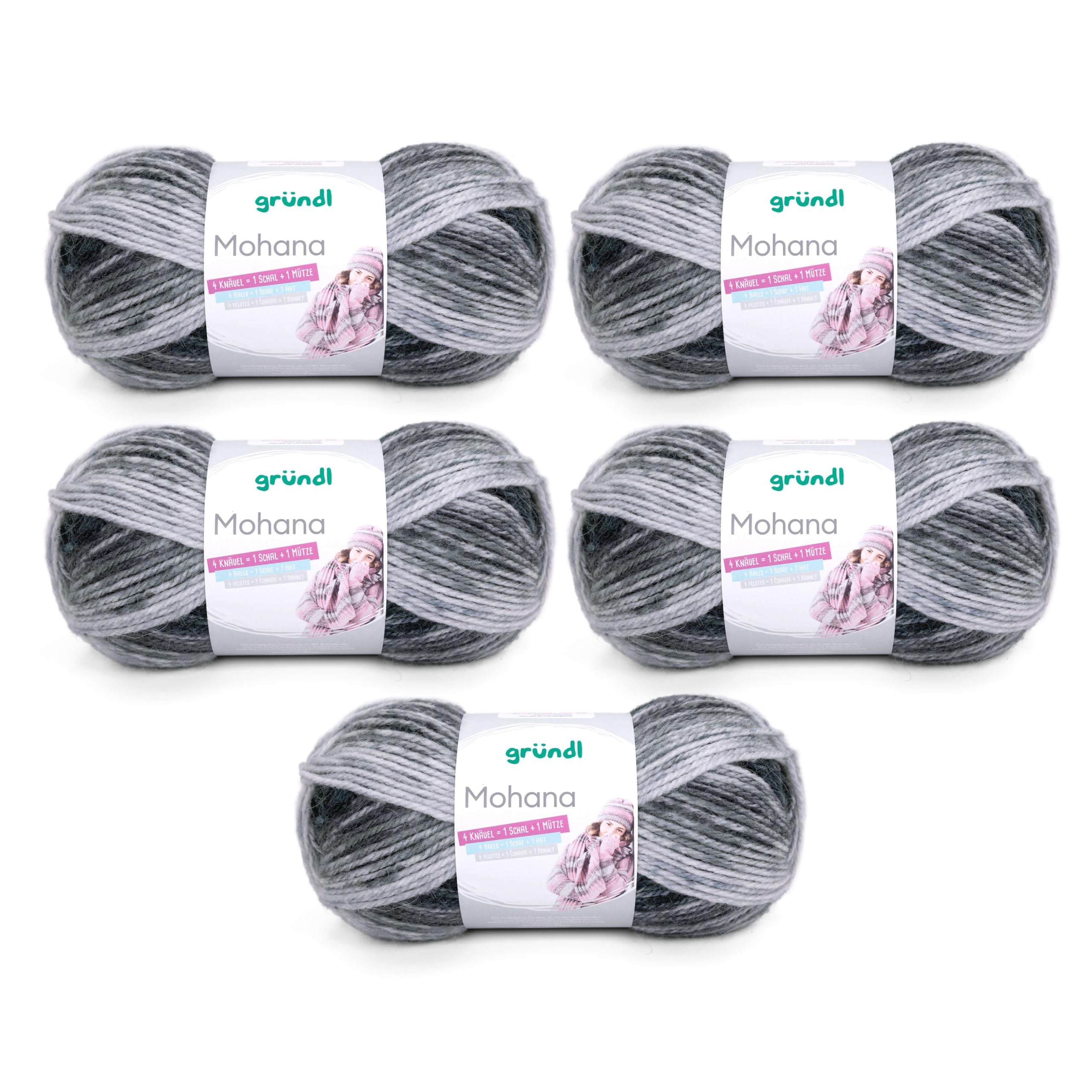 Gründl Mohanna Knitting and Crochet Yarn 90% Polyacrylic, 10% Mohair, 5 x 100 g, Thick Wool, Grey/Anthracite/Black