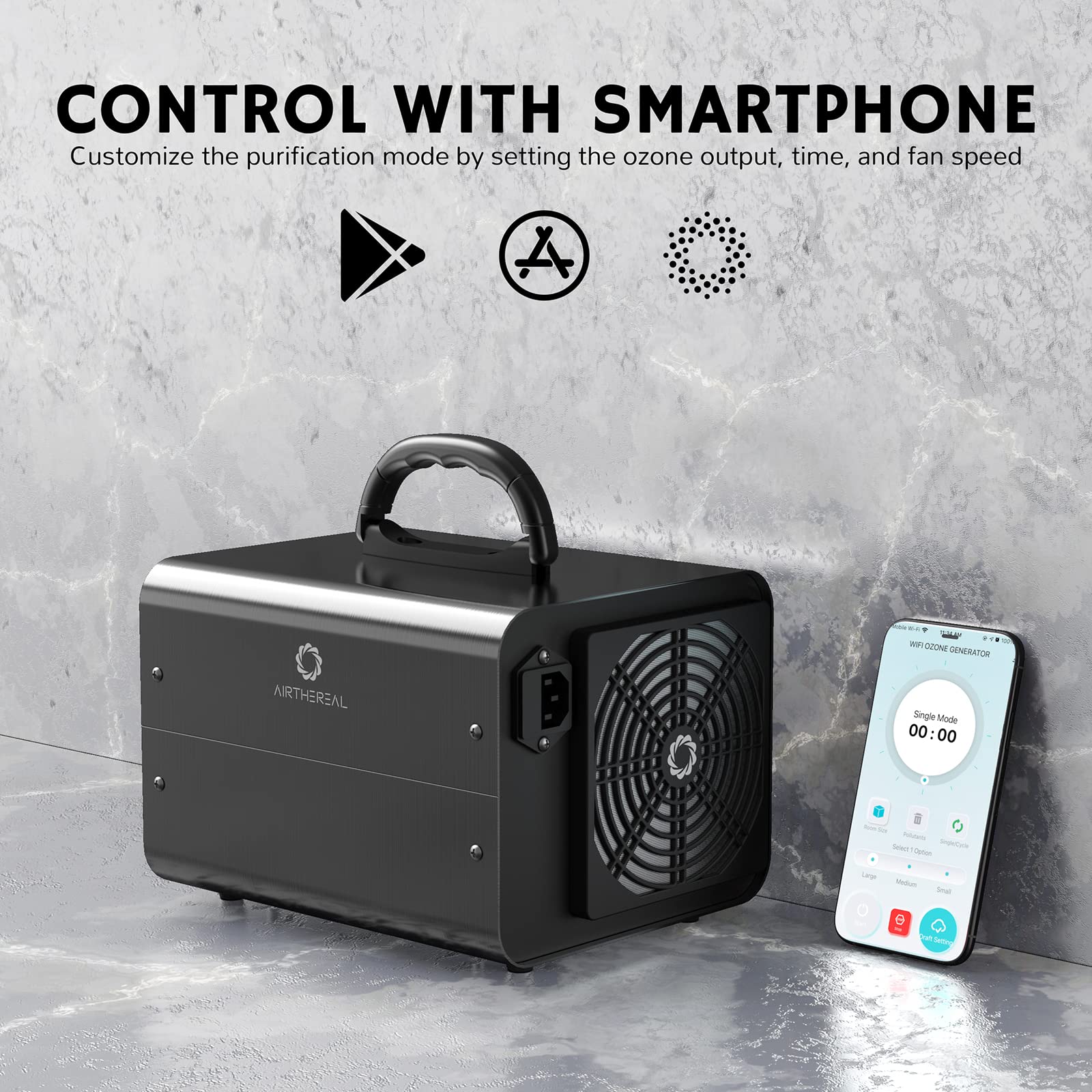 Airthereal MA10K-PRO SMART WiFi Ozone Generator - High Ozone Output Capacity Ozonator- Odor Remover, Deodorizer, Sterilizer - Adjustable Output and Timer Settings for Any Size Room - Black