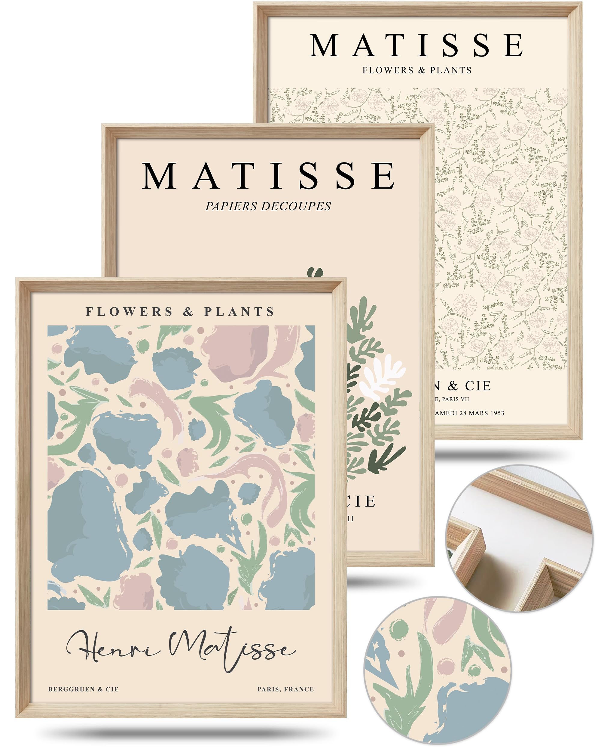 Photo 1 of KensTro Framed Wall Art,Sage Matisse Wood Canvas Wall Art,12"x16" Cotton Pattern Vintage Poster Wall Decor Aesthetic for Living Room Bedroom,12x16in Henri Matisse Minimalist Wood Frame Prints,Set of 3
