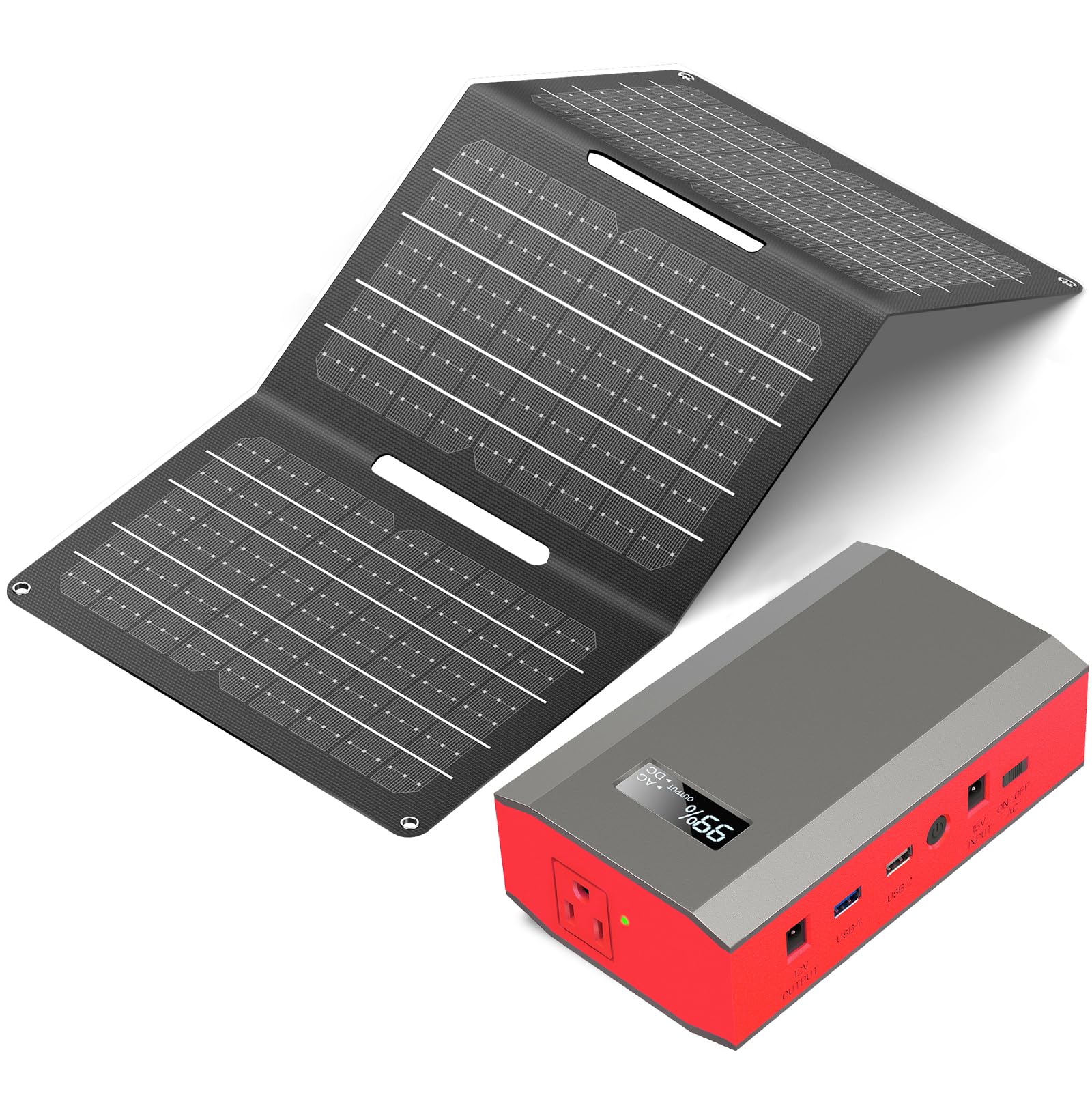 Portable Solar Power Bank with AC Outlet 65W 110V External Battery Pack, 23400mAh Portable Laptop Charger with Foldable Solar Panel 30W for Outdoor Smart Device Camping Hiking Trip Off Grid Backup