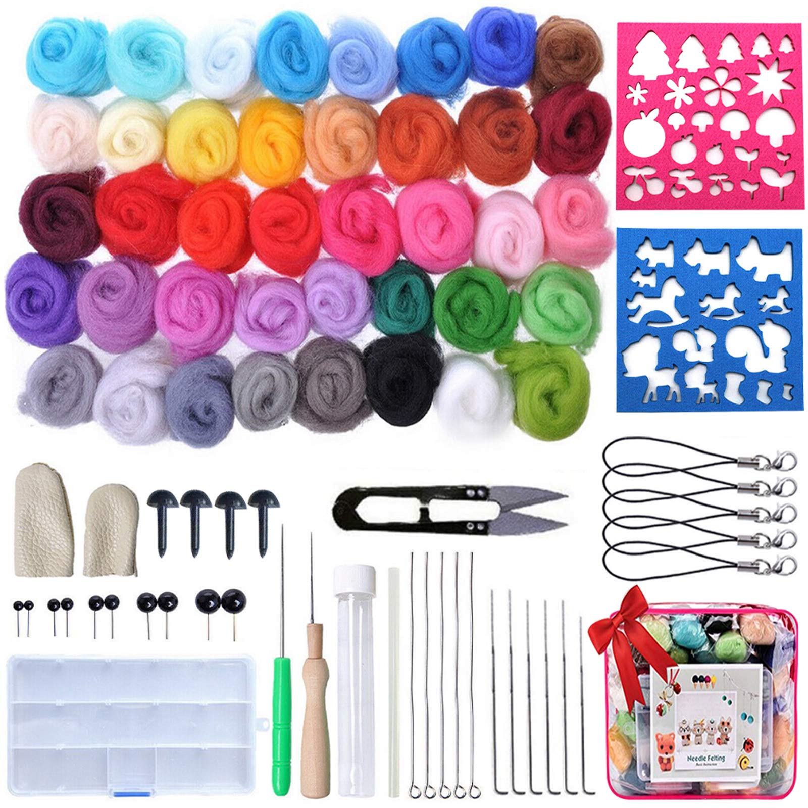 TOPSEAS Felting Wool Roving,Felting Starter Kit, 40 Colours Needle Felting Wool Set,Basic Felt Tools and 2 Templates,Wool Roving for Hand Spinning DIY Craft Materials