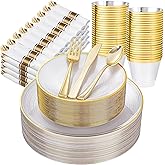 Morejoy 350PCS Pearl White and Gold Plastic Plates - Disposable Gold Party Plates & Pre Rolled Napkins with Cutlery for 50 Guests, 100Plates, 150Silverware, 50Cups, 50Napkin for Party & Thanksgiving