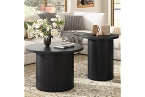 LUXOAK Nesting Coffee Table Set of 2, Mid Century Modern Round Coffee Table, Wood Slat Side Table Set for Living Room, Office, Balcony, Textured Black