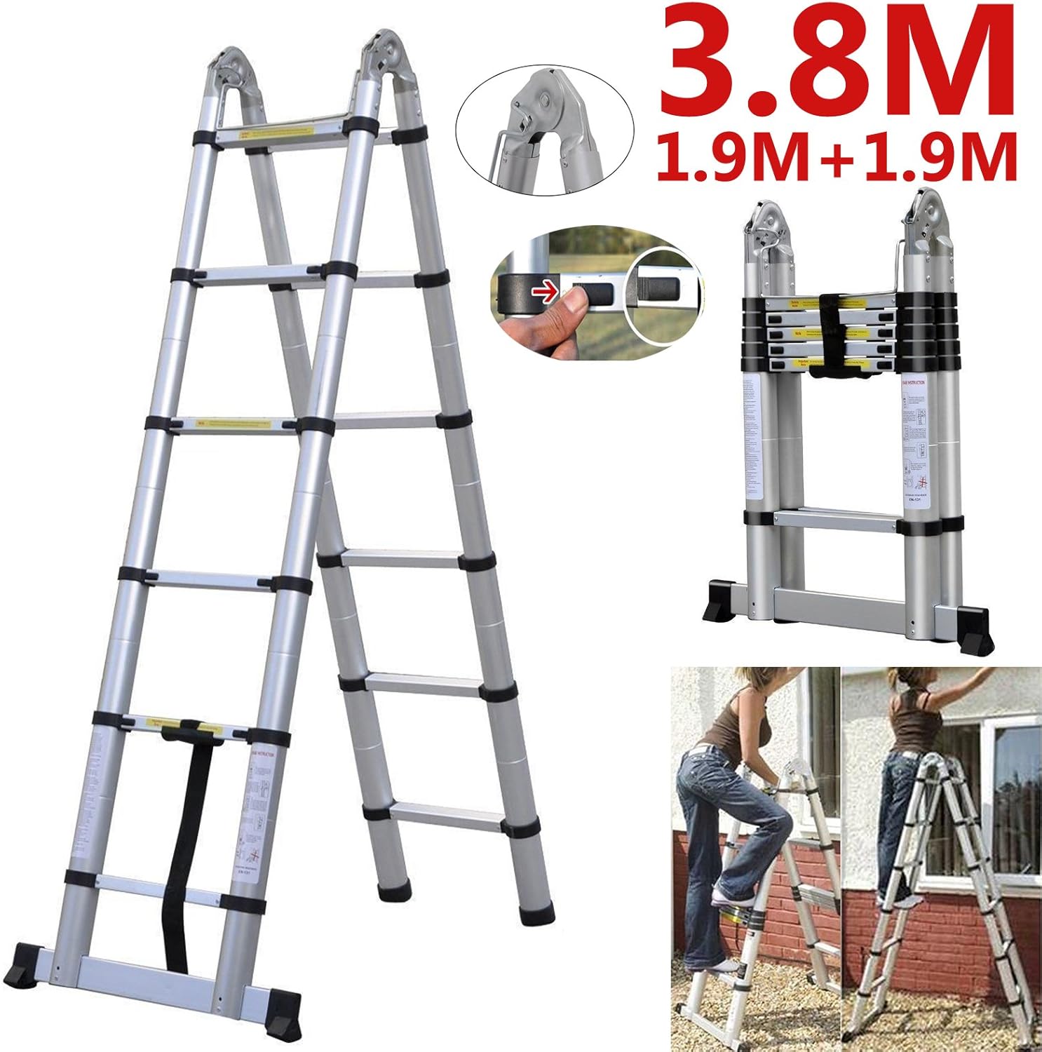 2019 A Frame Telescopic Ladder 3.8M /1.9m + 1.9m Folding Ladders 12