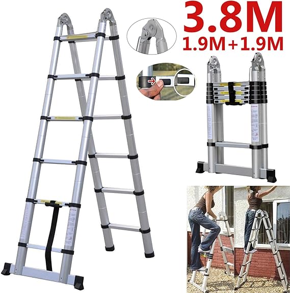 2019 A Frame Telescopic Ladder 3.8M /1.9m + 1.9m Folding Ladders 12 Step Retractable Extendable