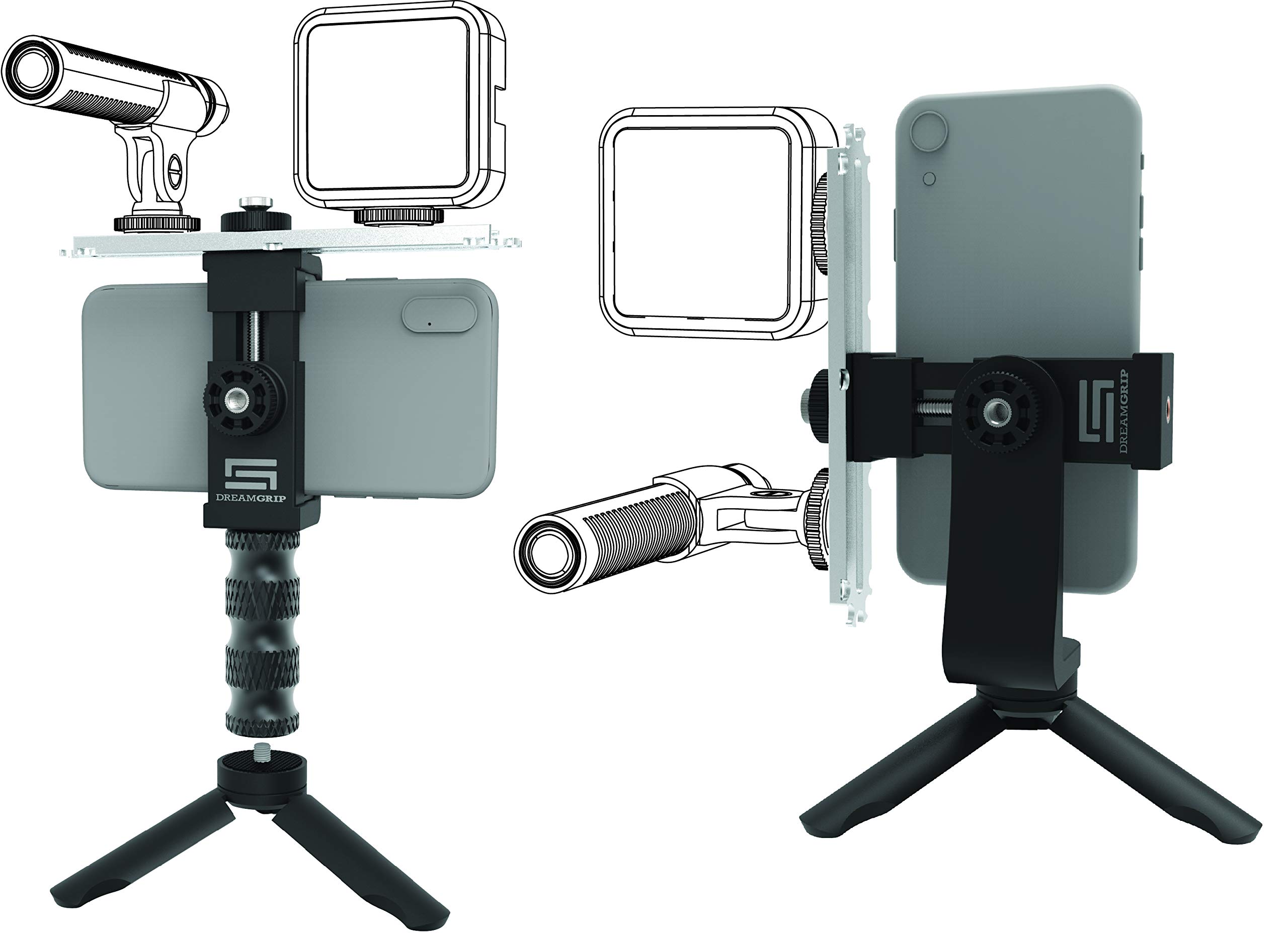 Universal Video Rig System for Vertical and Horizontal Shooting with ANY smartphone DREAMGRIP® SCOUT XM with Patented Track Connector for External lights, Mic and another photo/video Accessories