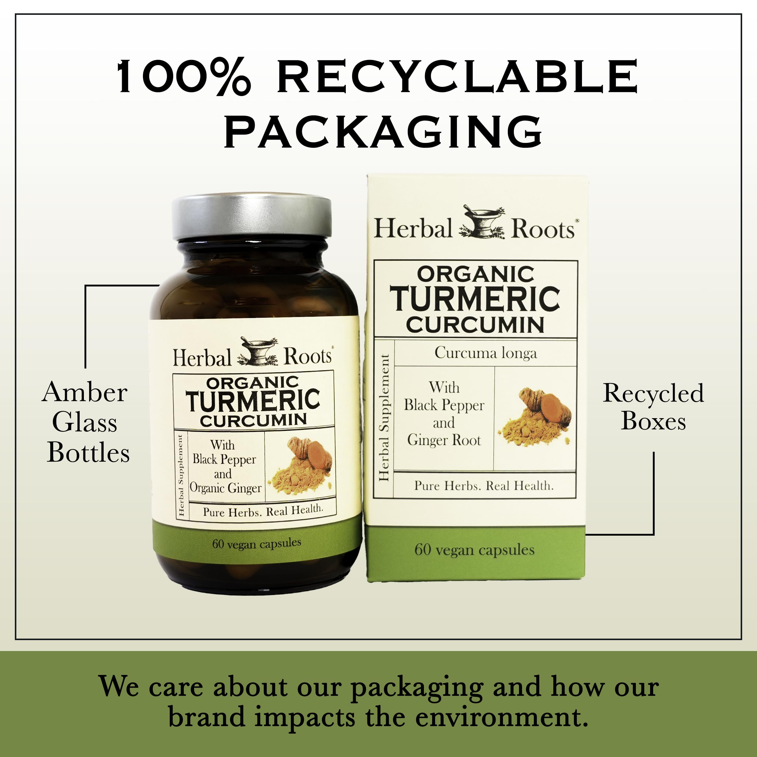 Herbal Roots - Turmeric Curcumin Capsules - Extra Strength - 1000mg Pure Organic Turmeric Supplement, 95% Standardized Curcumin Extract with BioPerine Pepper and Ginger