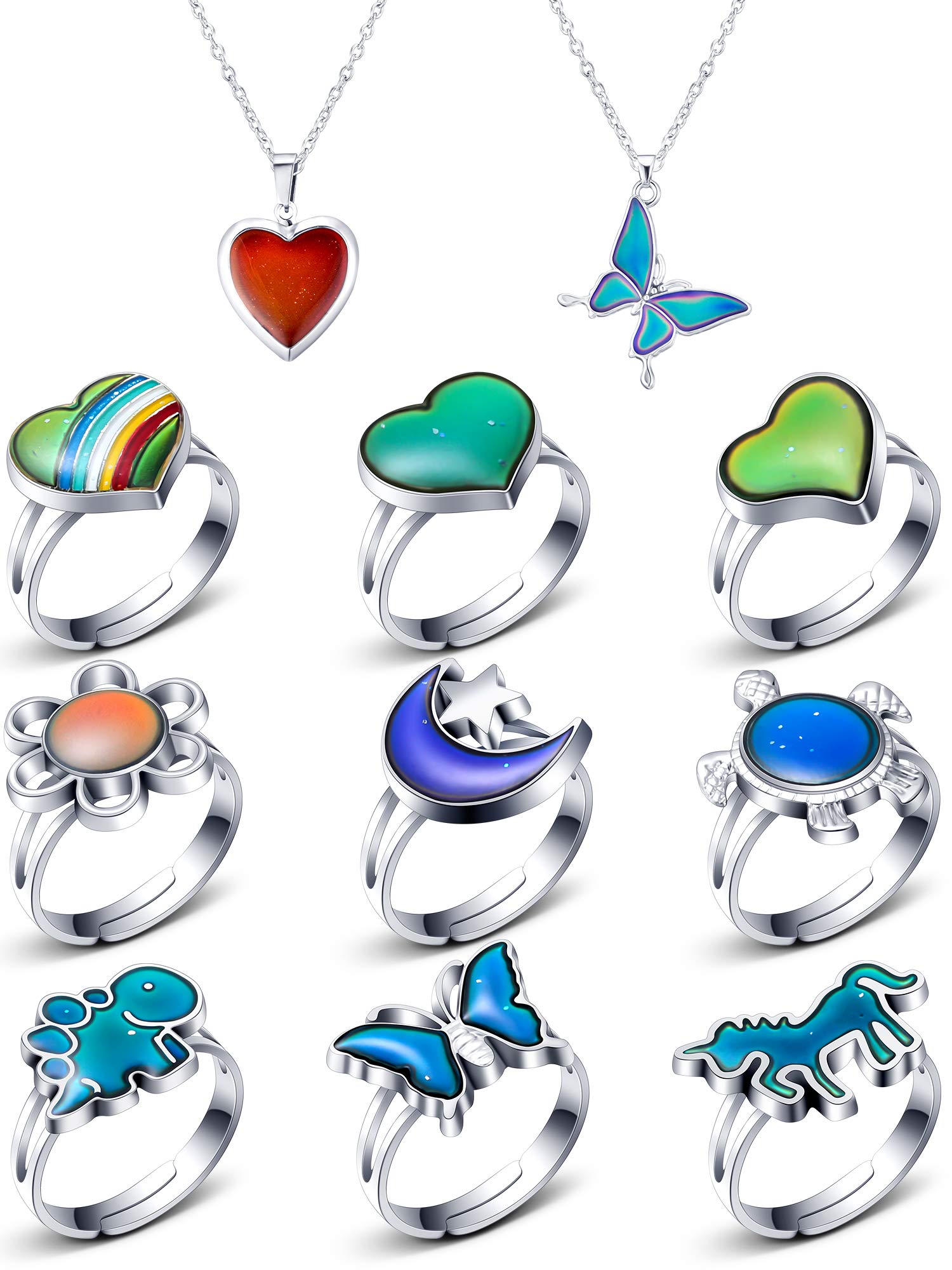Hicarer 9 Pcs Mood Rings with 2 Mood Necklaces Color Change Ring Adjustable Size Rings Set for Women Men Costume Accessories Birthday Party Favors, Multi Types(Charming Series)