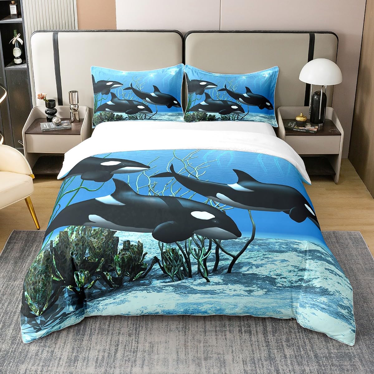Pure Cotton Killer Whale Bedding Sets Orcinus Orcas Comforter Cover The Underwater World Jellyfish Duvet Cover Set for Kids Boys Girls Deep Sea Animals Marine Life Quilt Cover Child Room Decor Double — image 1