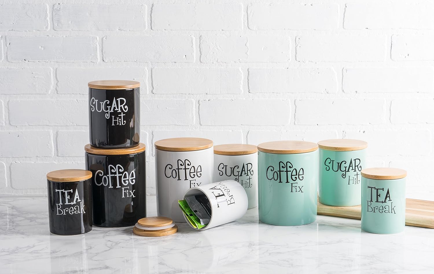 DII Modern Chic Ceramic Kitchen Canister with Bamboo Lid for Food Storage, Serve Coffee, Sugar, Tea, Spices, and More White, Assorted Sizes: 4.5x4.5x5.5, 4x4x4.5”, 3x3x4: Home & Kitchen