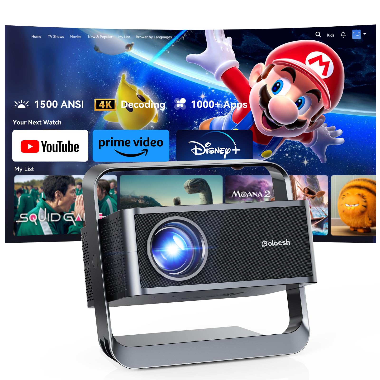 Photo 1 of **MISSING REMOTE**'
 Polocsh Smart Projector 1080P 4K Support with WIFI 6 and 2-Way Bluetooth 1500ANSI Auto Keystone Electric Focus Mini Projectors Home Theater Movie Outdoor Portable Projector (Black)