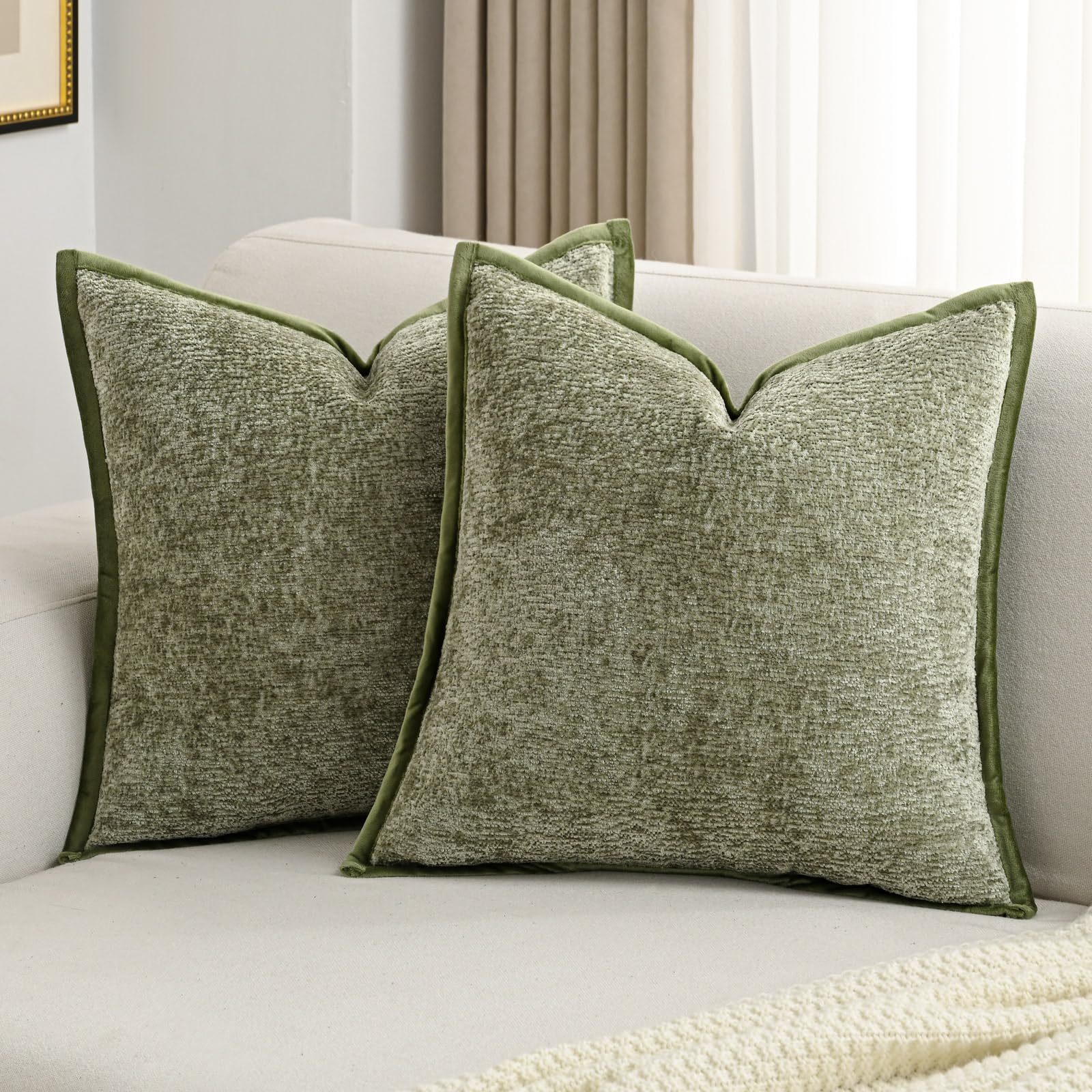 FUTEI Sage Green Chenille Throw Pillow Covers 20x20 Inch Set of 2,Soft ...
