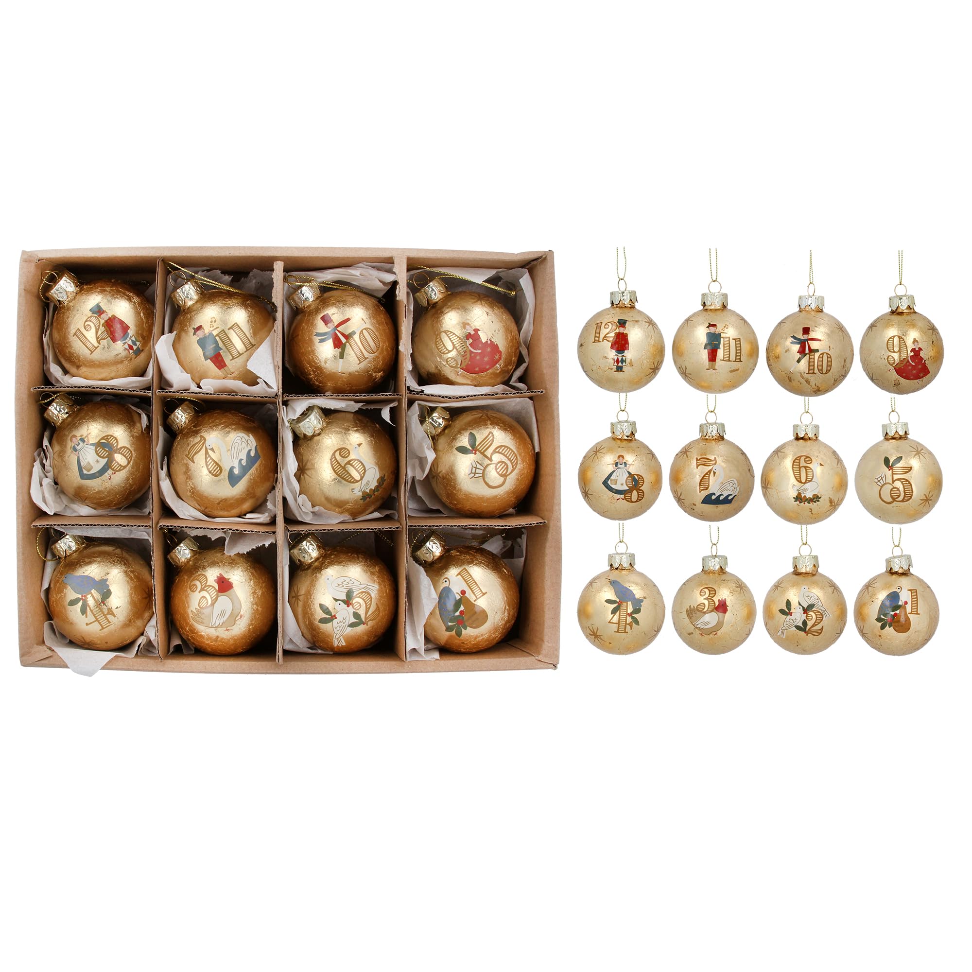 Gisela Graham 12 Days of Christmas Gold Bauble Decorations