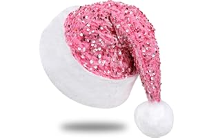 Chisander Sequin Santa Hat for Adults with Shiny Sequin and Fluffy Pompom, Party Hat for New Year Xmas Festival