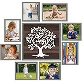 Lyeasw Family Tree Picture Frame Gray 9 Pack, 8 Separate 5x7 Frames with a 12x12 Pre-Designed Tree Frame, Collage Set for Family Wall Decor & Gifts
