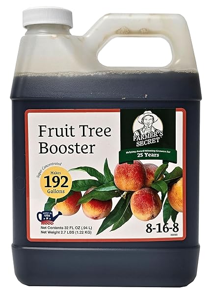 FARMER’S SECRET FRUIT TREE BOOSTER FERTILIZER (32OZ) – SUPER CONCENTRATED AND PHOSPHORUS RICH – FORMULATED FOR ALL FRUIT TREES INCLUDING PEACH, BANANA, AND APPLE
