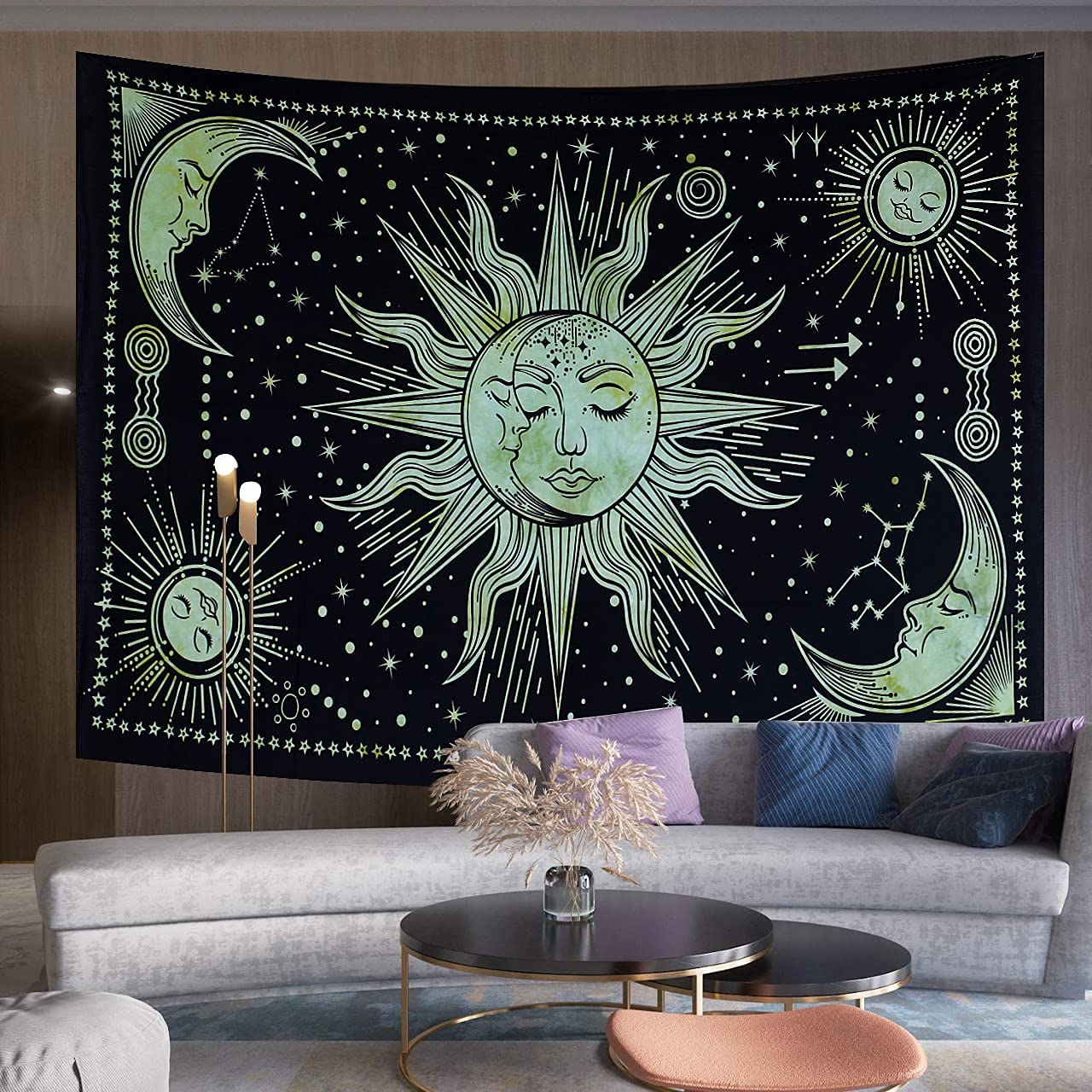 THE ART BOX Boho Decorative Rug Children's Room Bedroom Bedspread Aesthetic Bed Linen Tapestry Tumblr Wall Decoration Living Room Indie Room Decor 100% Cotton Green 75 x 100 cm