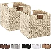 Vagusicc Wicker Storage Basket, Set of 2 Hand-Woven Paper Rope Storage Baskets, Foldable Cube Storage Organizer Bins, 11 Inch Wicker Storage Baskets for Shelves and Decor, Square Storage Basket, Beige